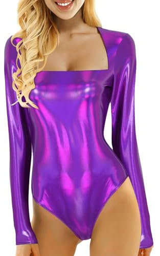 Damen Metallic Langarm Ballett Tanz Trikot Leotard Glänzende Ballettanzug Ballettbody Tanzbody Lack Bodysuit Wetlook Body Sport Gymnastik Turnanzug Top Kostüm (W1-Purple, S)