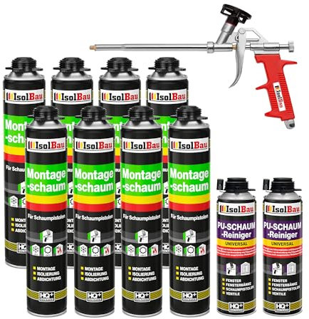 Isolbau Bauschaum-Set - Inkl. 8 x 1K Montageschaum B2 Pistolenschaum mit hervorragender Schall und Wärmedämmung (je 750 ml), 2 x PU-Schaum-Reiniger (500 ml) & 1 x Schaumpistole, Verfüllen