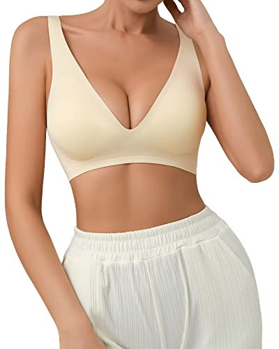 SHARICCA Nahtloser BH Damen Ohne Bügel V-Ausschnitt Bralette Damen BHS Haltungskorrektur Bequem und Weich Bustier Seamless Push up Tshirt Soft(Fleischfarben-1P03-L)