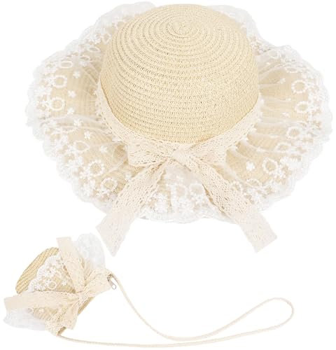 MAMUNU Strohhut und Kleine Tasche Set, Mädchen Kinder Sommer Sonnenhut, Strandmütze Kinder mit Blumendekoration für den Urlaub Reise Outdoor-Aktivitäten (Style01 Beige)