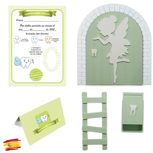 Myfuturshop® Hada de los dientes Puerta mágica + Caja para el Diente + Escalera + 4 certificados de Diente Limpio. Regalo Original para niño y niña. (VERDE)