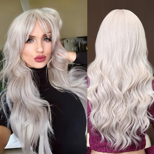 testar Platinum Blonde Long Wavy Silver Wig For White Women Curly Gray Wigs Heat Resistant Synthetic Wigs For Girls Cosplay Party Wear 28IN