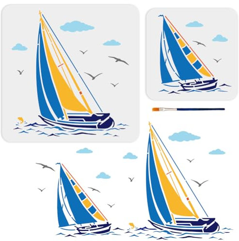 MAYJOYDIY 2 Stück Ozean Segelboot Schablone 20 × 20/30 × 30cm Nautische Segelboot Schablonen Mit Pinsel Sommer Meer Wellen Möwe Fisch Wolke Zeichenvorlage Für Heimwerker Basteln Möbel Holz Leinwand