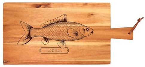 Schneidebrett mit Gravur, Personalisiertes Holz Küchenbrett mit Griff, Holzbrett mit Fisch Motiv und Wunschtext, Geschenk für Angler, Grillbrett, Brotzeitbrett, Hackbrett, Angel Geschenke für Männer