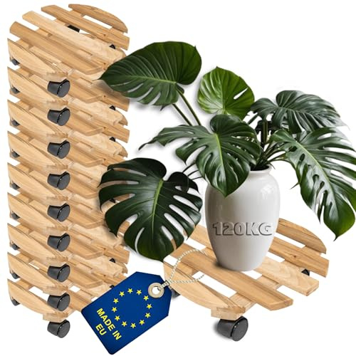 ITA Ensemble de 10 Supports Roulants pour Plantes Ronds Ø30 cm en Bois de Hêtre - Capacité de Charge 120 kg - Intérieur et Extérieur - Fabriqué en UE