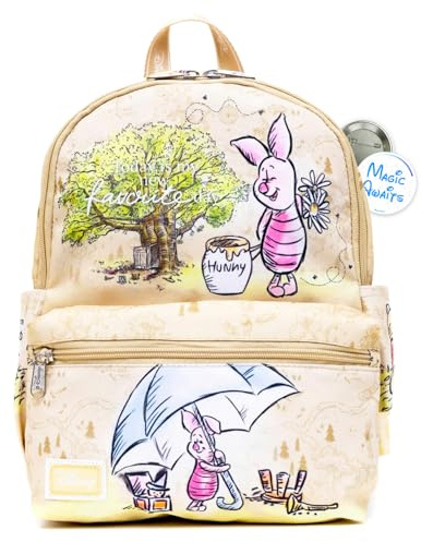 Ferkel Mini-Rucksack-Set, 33 cm, Winnie Puuh Rucksack und Knopf, Disney Ferkel, Schulbedarf für Kinder, Mädchen, Teenager, Frauen