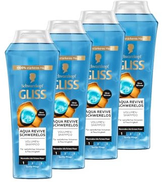 Gliss Kur Gliss Shampoo Aqua Revive Schwerelos (4x 250 ml), Haarshampoo mit Panthenol und Meeresalgen, Reparaturshampoo für normales bis feines Haar
