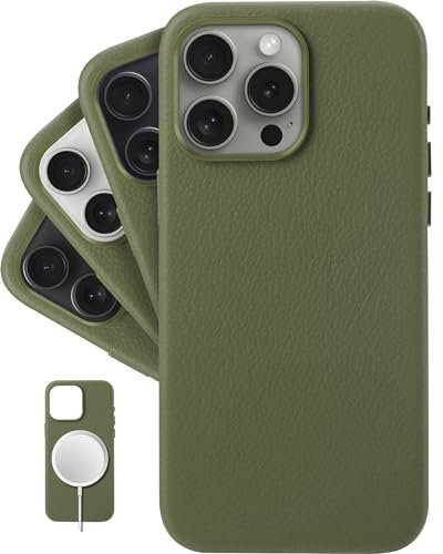LONLI - for iPhone 15 Pro Max - European Genuine Pebble Leather Phone Case with Aluminium Camera Frame [Compatible with Magsafe] - Mountain Tree
