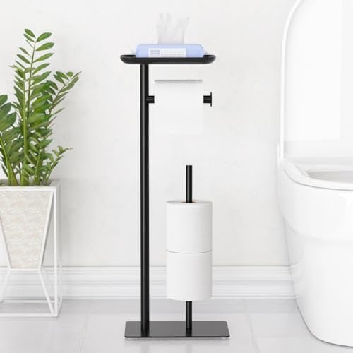 Free-Standing Toilet Roll Holder with Top Shelf, Holds 4 Rolls, Stainless Steel Bathroom Toilet Paper Dispenser