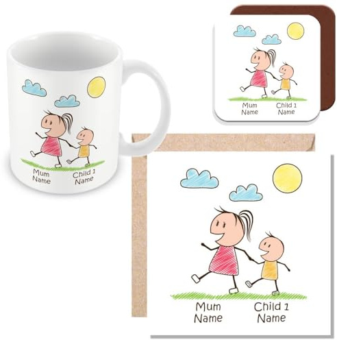 MUGGZ Personalised - Mummy Mug, Card & Coaster with Child - Personalise with Names - Gift for Mums - Giftset - Made in The UK