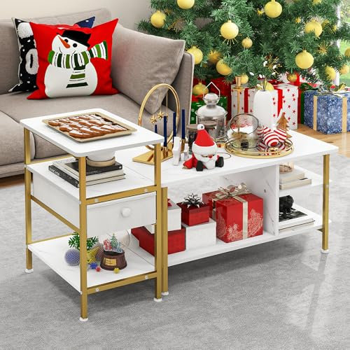 YITAHOME Adjustable Coffee Table Set of 2, Modern Industrial Coffee Tables for Living Room with Detachable Side Table, Drawer, Open Shelves, Gold Metal Frame, White Marble