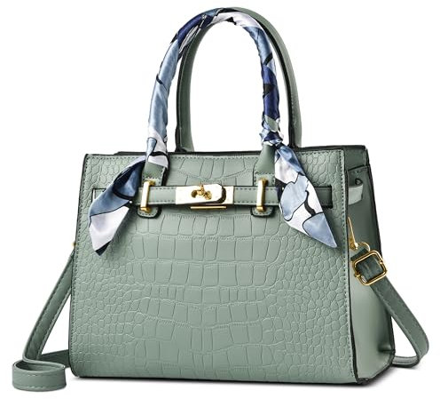 FOLOVEYA Damen Handtasche Henkeltaschen Elegante Krokodilmuster Designer Schultertasche Umhängetaschen mit Seidentuch für Arbeit Schule Alltag Reise PU Leder Grün