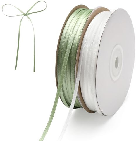 VOSSOT 91 m Schleifenband Grün und Satinband Weiß, 3 mm Geschenkband zum Basteln, Doppelseitig Dekoband Bänder Satin Altgrün