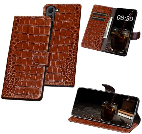 qichenlu Kroko Braun Echtleder Klapphülle für Samsung Galaxy S23,Rindsleder Geldbeutel Kartenfach Magetische Handytasche
