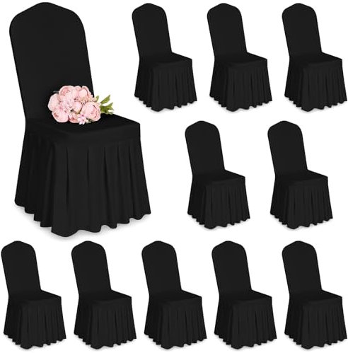 Showgeous 10 Stück Stuhlhussen Schwarz Polyester Spandex Lycra Stretch Stuhlhussen mit Rock,Esszimmer Hochzeit Stuhlhussen Universelle Waschbare Stuhlhussen für Hochzeitsfeier Bankett Dekoration