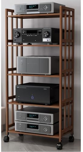 Audio-Rack aus braunem Holz mit 2, 3, 4 und 5 Ebenen, rollbarer AV-Medienhalter für DVD-Player, Spielekonsole, TV-Box, WLAN-Router, Plattenspielerständer mit verstellbarer Ablage (Farbe: 158 cm (H),