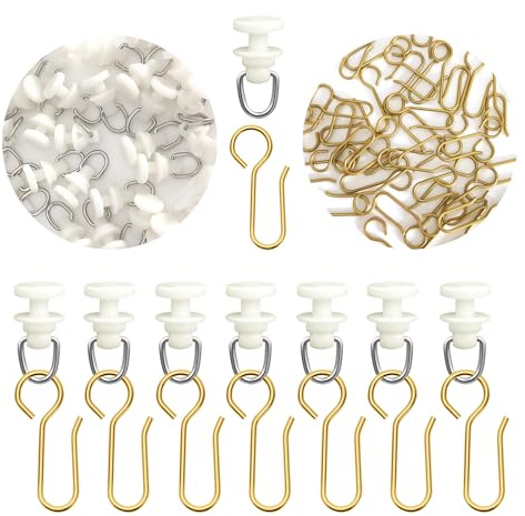 Mooshy 120 Stück Gardinenhaken für Schienen - 60 Stück Plastik Gardinen Gleiter mit 60 Stück Gold Gardinenrollen Metall für Fenstervorhang Duschvorhang Geeignet für Bad und WC