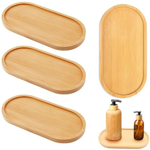 Bambus Tablett, 4 Stück Ovale Holztabletts Kleines, Holz Servierplatte, Holz Oval Holztabletts Deko, Rundes Bambustablett Klein für Untersetzer Tee Kaffee Kuchen 17,5 x 8,8 cm