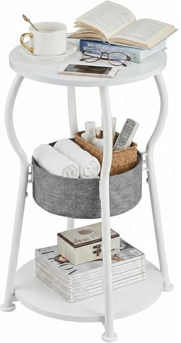 ZEXVIDA Runder Beistelltisch Vintage, 3-stufiger Industrieller Runder Beistelltisch mit Stauraum, Nachttisch Kleiner Tisch Sofatisch für Wohnzimmer Schlafzimmer Balkon (Weiße, 30W*55H cm)