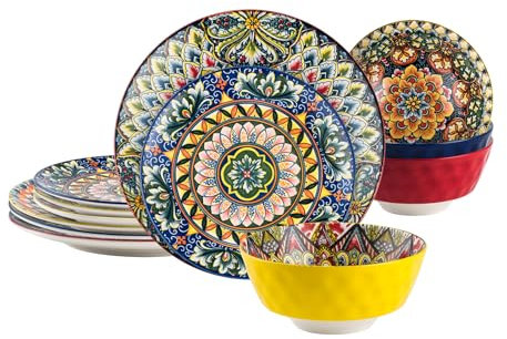 Service de Table 4 personnes, Service Vaisselle 12 Pièces - 4 Assiettes Plates, 4 Assiettes à Dessert et 4 Bols à Céréales, Vaisselle Bohème, Idéal pour Maison/Cadeau/Dîner