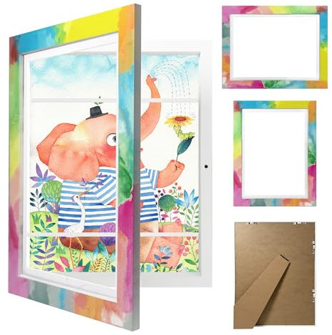 JAMAT HOME Bilderrahmen für Kinderzeichnungen A4- Rahmen aufklappbar für Kunst & Kunstwerke - Fotorahmen befüllbar zum Aufklappen & Wechseln-Din A4 Zeichnungen (Bunt)