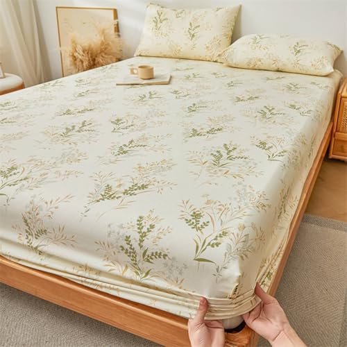 Daesar Drap Housse Reglable 180 x 200 x 25 CM, Drap-Housse Stretch Cache Sommier Coton Motif de Feuilles Ete Draps Housses Doux, Anti-Plis Lavable en Machine, Beige Vert