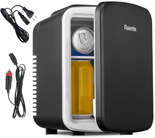 Reemix Mini Kühlschrank 4L für Skincare & Getränke, Kompakter Tischkühlschrank mit Kühl- und Wärmefunktion, 12V/240V Dual-Stromversorgung für Auto & Büro, Platz für 6 Dosen (330ml), Schwarz