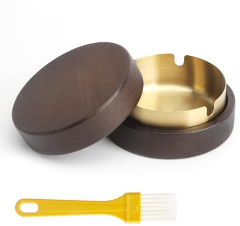 APOMOONS Aschenbecher für Draussen mit Kunststoffbürste, Outdoor Aschenbecher mit Deckel Nussbaum für Autos, Büros, Wohnzimmer, Balkon, Geschenke für Männer, Freunde, Raucher