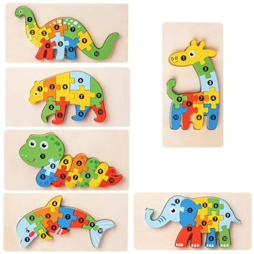 Holzpuzzle Montessori für Kinder mit niedlichen Tiermotiven. Set mit 6 Puzzes aus Holz für Kinder mit Zahlen, Pädagogische Puzzle für Jungen und Mädchen- 3916