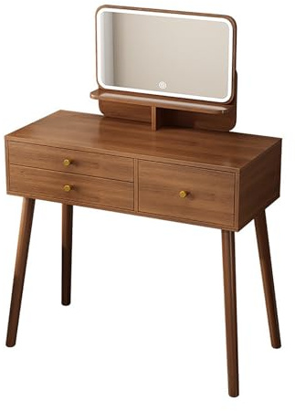 Frisiertisch aus Holz,Frisiertisch mit Spiegel,mit verstellbarem LED-Licht,Frisiertisch mit 3 Schubladen,2 Trennwänden,Frisiertisch mit Ablagefläche,moderner Frisiertisch fürs Schlafzimmer Walnut,80cm