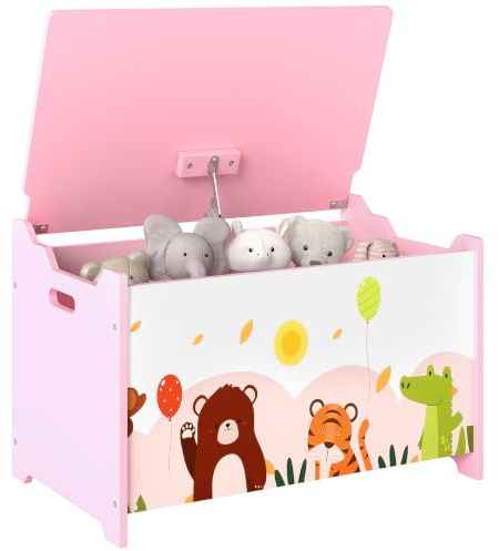AIYAPLAY Baule Portagiochi per Bambini in Legno 60x37x39 cm Rosa | Contenitore per Giocattoli, Cerniere di Sicurezza, Mobile per Cameretta e Salotto, Disegni di Animali