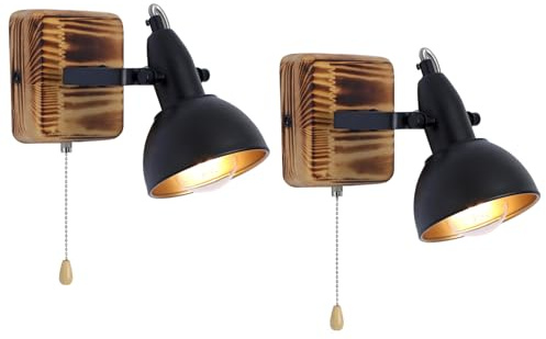 KEESFU Rustic Wall Light with Pull Cord Switch and Rotatable Head – 2-Pack Farmhouse Solid Wood & Metal Wall Lights for Bedside, Bedroom, Hallway, Living Room, and Vanity or Mirror Lighting, E27 Base