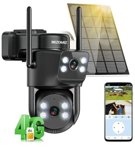 BEZOMIZ 4G LTE caméras de Surveillance Solaire avec Carte Sim,à Double Objectif,AOV 24/7,360° PTZ Caméra Extérieure,4K Détection Humaine,Suivi Automatique,Vision Nocturne Couleur,Audio Bidirectionnel