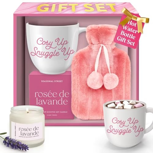 Hot Water Bottle Gift Set for Her, Pamper Present with Mug, 0.5L Hot Water Bottle & Lavender Scented Candle, Birthday Valentines Mothers Day Gift for Women Mum Sister Friend (Pink Set)