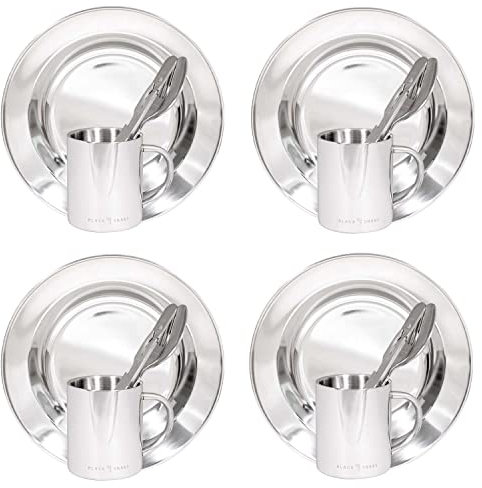 Black Snake® Set Plato Hondo, Cubiertos y Taza térmica para Outdoor, Camping y Senderismo | Vajilla para Acampada | Juego para 1, 2 o 4 Personas - 4 Personas