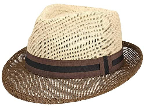 Lipodo Chapeau en Paille Twotone Trilby Femme/Homme - de Plage Soleil avec Ruban Gros Grain Été Printemps-été - L (58-59 cm) Nature-Marron