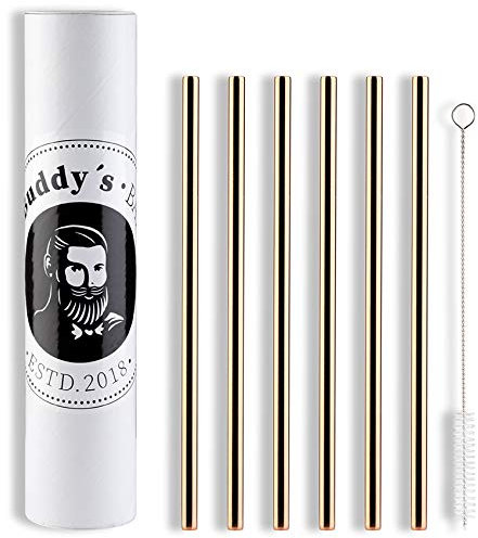 Buddy´s Bar - Pailles réutilisables en Acier Inoxydable, 6 pailles métalliques en Set + Brosse de Nettoyage, Taille 21,5 cm x 8 mm, écologique, Durable et sans Plastique, Aspect cuivre