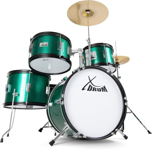 XDrum Junior Pro Kinder Schlagzeug Emerald Green Sparkle - geeignet von 5-9 Jahren - Drumset mit komplettem Zubehör - inkl. Schule - Grün