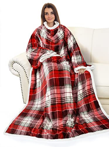 Catalonia Classy Flauschig Kuscheldecke mit Ärmeln Warm Weihnachten Geschenk für Frauen Herren, Flauschige Sherpa Tragbare Decke mit Ärmeln, Wohndecke zum Anziehen Erwachsene, 185 x 140 cm Rot Plaid
