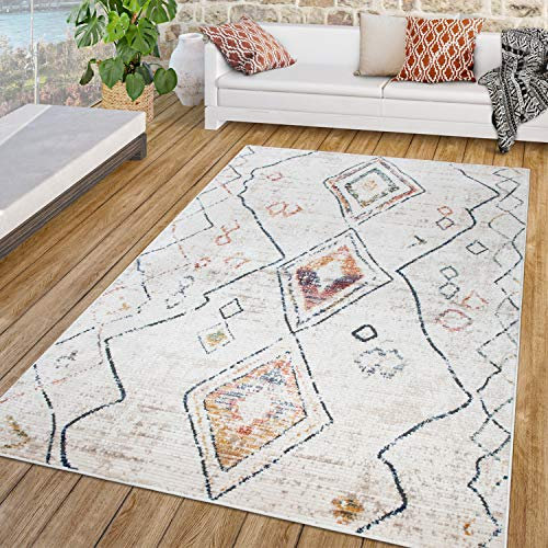 TT Home Wohnzimmer Teppich Kurzflor Wohnzimmerteppich Vintage Rauten Boho Ethno Design, Farbe: Creme, Größe:120x170 cm