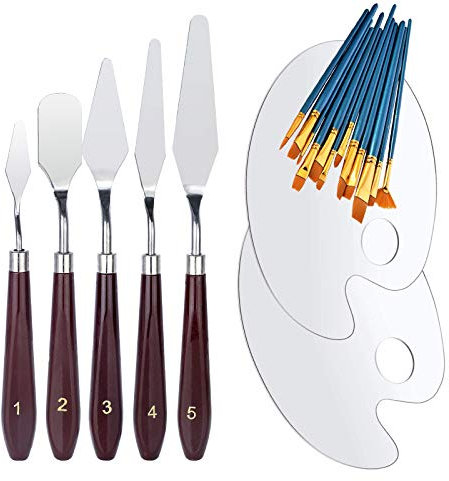 Paint Palette,WOVTE 17 Pcs Paint Palette and Brushes Set,Clear Oval Non-Stick Pallet Easy Clean for Artist Oil Paint Watercolor Painting DIY Art(10 Brush + 2 Palette+5 Palette Scrapers)