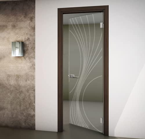 Porta interna a battente in vetro trasparente e disegno sabbiato con Telaio Noce Tanganica e Serratura 80x210 Spingere a Destra