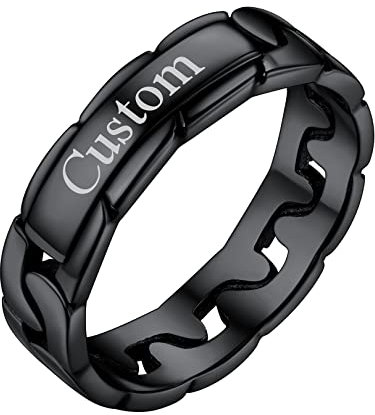 FOCALOOK Schwarz personalisiert Ehering für Damen Herren 4mm breit Band Ring Panzerkette Design Trauring Verlobungsring Partnerring Modeschmuck für Hochzeit Jahrestag Größe 49 (15.6)