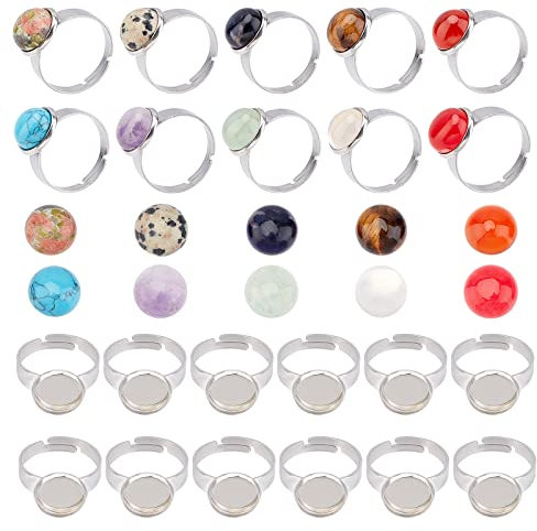 SUNNYCLUE 40 Stück 10-Farbige Edelstein-Cabochon-Fassungen, Verstellbarer Ringrohling Mit 10 mm Edelstein-Cabochon-Ringherstellungsset Für DIY-Schmuckherstellung, Bastelbedarf