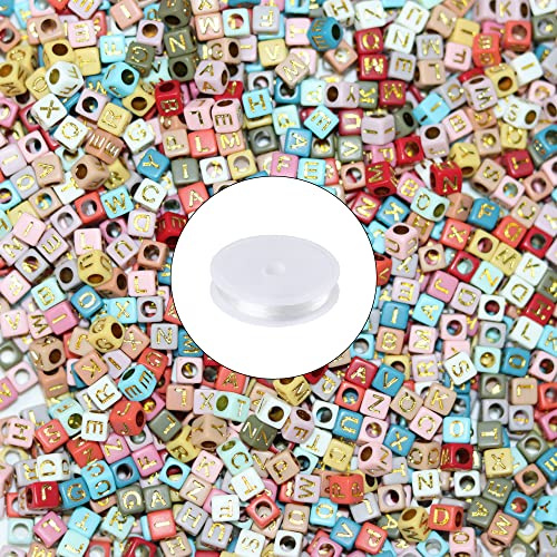 Augshy 1400 Pcs Morandi Cube Alphabet Square Letter Beads with 1 Roll 10M Crystal String Cord (6mm)