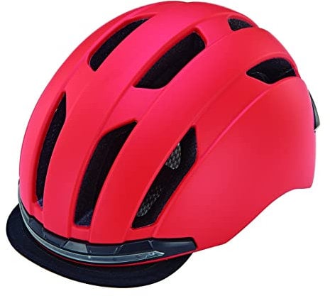 Prophete Fahrradhelm, Radhelm für Damen und Herren, Cityfahrrad- Helm EKO Urban, Inmold 360° Sichtbarkeit, LED-Licht vorne/hinten per USB aufladbar, Visier aus Stoff, Farbe rot, Größe 52-58 cm