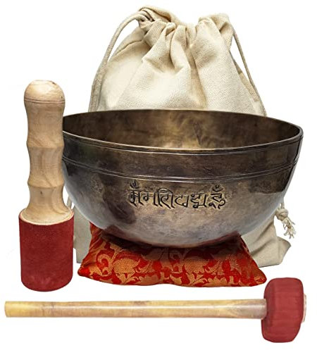 CRAFTSTRIBE Grand bol chantant de l'Himalaya martelé à la main de 20,3 cm avec maillet et coussin en soie