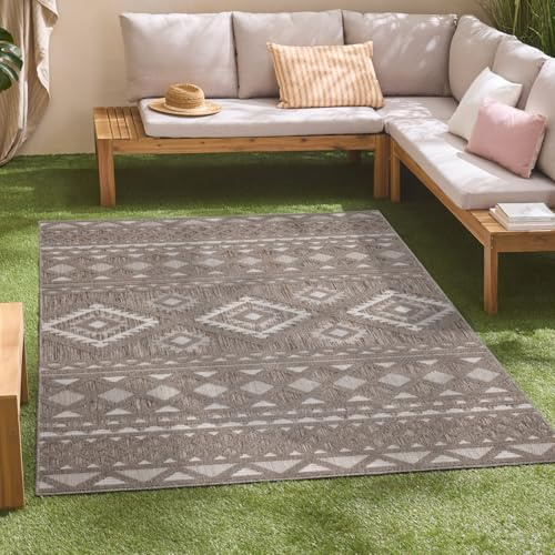 carpet city In-& Outdoor Teppich - 200x290 cm - für Innen-& Außenbereich - Wetterfest Balkon-Teppich, Terrasse, Flur, Küche - Wohnzimmer-Teppiche - Hochtief/ 3D-Effekt - Ethno-Look in Braun