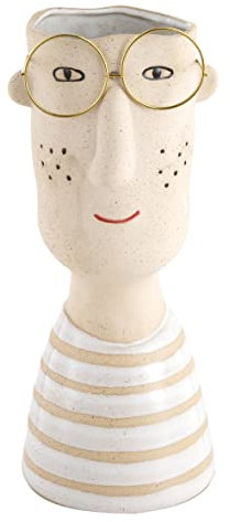 Baroni Home Jarrón de cerámica de diseño con cara, adorno moderno pintado a mano, maceta para plantas de interior o exterior, (Boy con gafas blancas)