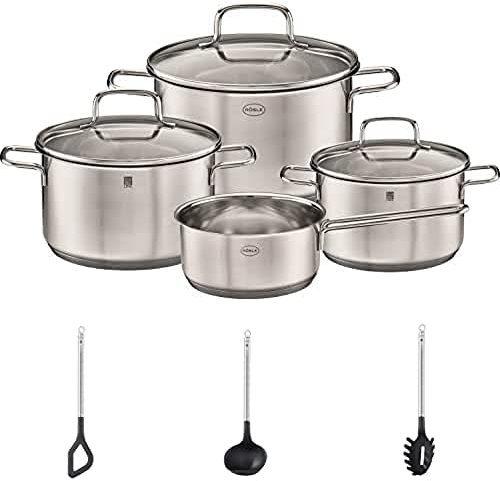 RÖSLE Bundle Basic Line Topf-Set 4-TLG., 3 Universaltöpfe, 1 Stielkasserolle + Kochlöffel+ Schöpflöffel + Spaghettiheber, mit Rundgriff und Aufhängeöse; Edelstahl 18/10, PPA, spülmaschinengeeignet